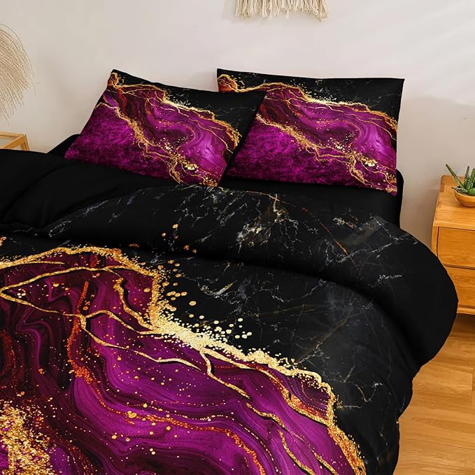Black Gold Comforter Set Hot Pink Marble Bedding Set Queen Size Black Marble Stone Abstract Artwork Bedroom Decor Black Marble Comforter Sets for All Season