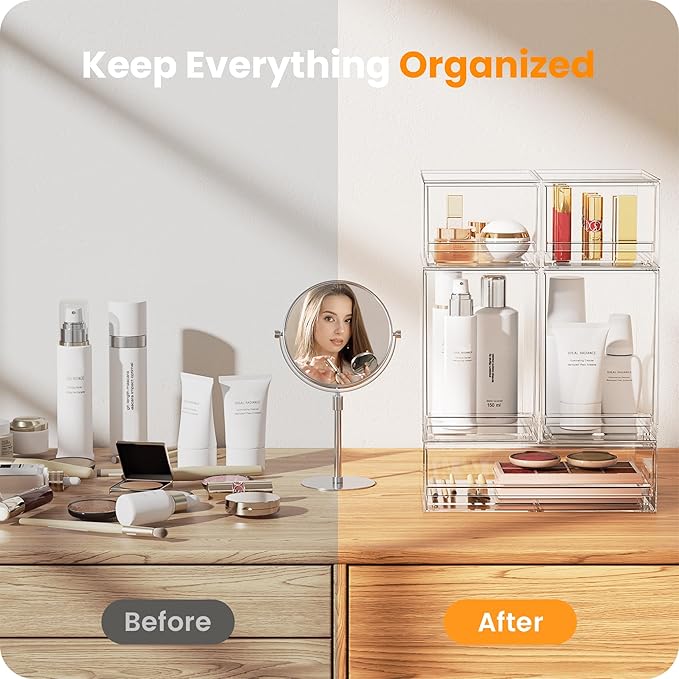 【𝟮𝗣𝗖𝗦】A-LUGEI Acrylic Stackable Storage Drawers, 7.5"L Makeup Organizer, Bathroom Organizer and Storage, Plastic Storage Bins for Kitchen Cabinet Pantry Medicine Fridge