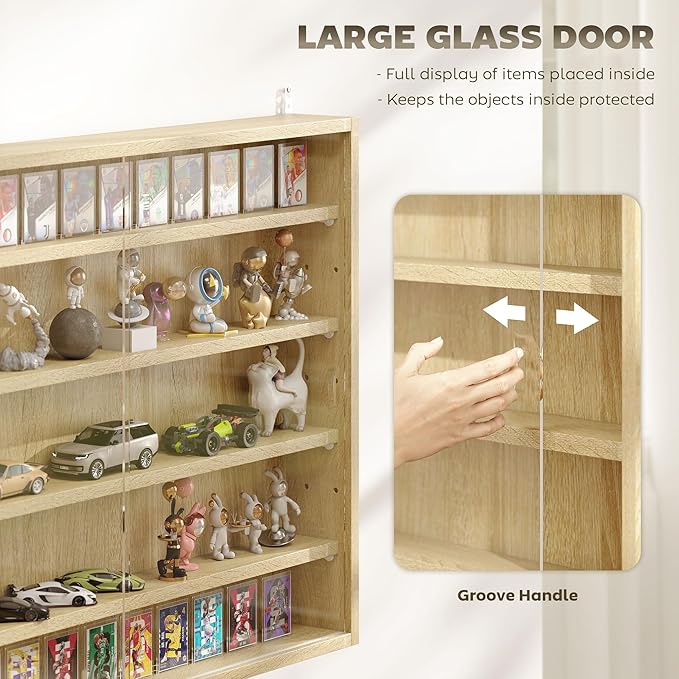 HOMCOM 5-Tier Display Cabinet, Glass Door Cabinet with Adjustable Shelves, Wall-Mounted Display Case for Playroom, Bedroom, Oak