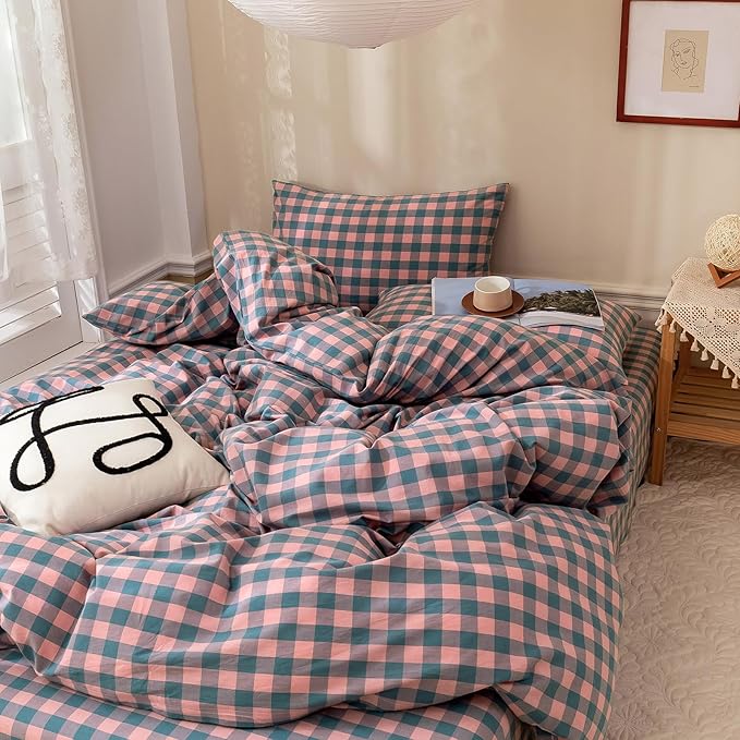 VM VOUGEMARKET Purple Pink Plaid Bedding Set Queen 3 Pieces Pink Blue Grid Duvet Cover with Zipper Ties 2 Pillowcases 100% Washed Cotton Luxury Soft Breathable Durable