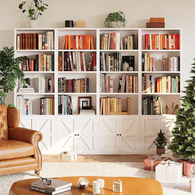 Tall Bookshelf Set of 2, 6 Tier Floor Standing Bookcase with Two Hinged Doors, Storage Organizer Display Shelves, Modern Corner Bookshelf Storage Cabinet for Living Room, Office, White