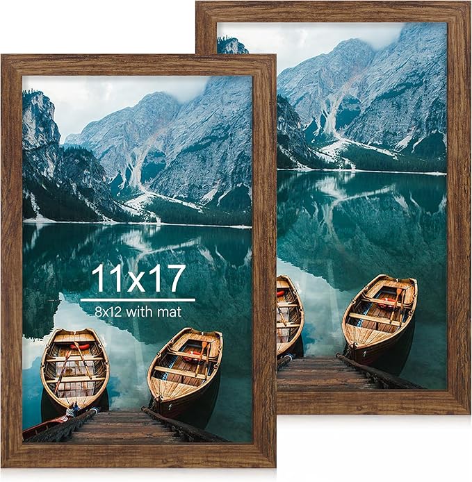 11x17 Frame Set of 2, Rustic Brown Wood Style - Display 11 x 17 Poster without Mat or 8x12 Picture with Mat, Wall Mounting Horizontal and Vertical