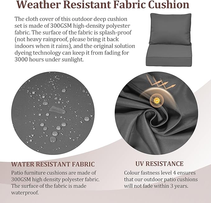 Waterproof Outdoor Chair Cushion Set of 4, 24x24x5 IN Deep Seat Patio Cushions with Fade Resistant Removable Cover,Outdoor Cushions for Patio Furniture with Ties&Handle for Chair Sofa Couch,Dark Gray