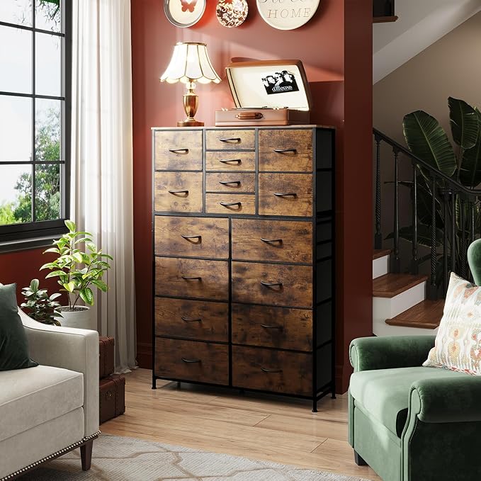 WLIVE Tall Console Table with 16 Fabric Drawers, Entryway Table with Storage, Large Storage Organizer with Wood Top, Steel Frame for Living Room, Hallway, Office, Rustic Brown