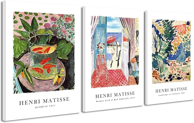 Wieco Art Canvas Wall Art 3 Piece Henri Matisse Aesthetic Posters Woman with A Red Umbrella Goldfish Landscape at Collioure Art Exhibition Matisse Prints Posters for Home Decorations