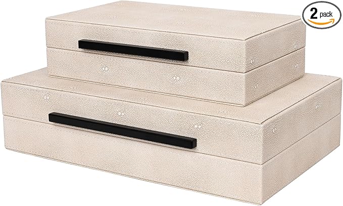 Large Decorative Storage Box with Lid - Modern Ivory Shagreen Leather Jewelry Organizer Box, Stackable Home Decor Box for Bedroom, Bathroom & Office