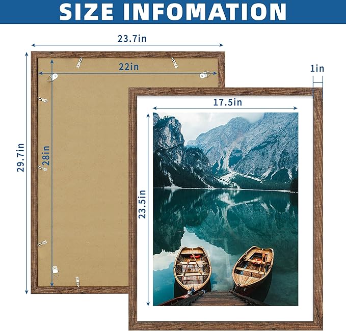 22x28 Frame Set of 2, Rustic Brown Wood Style - Display 18x24 Picture Frame with Mat or 22 x 28 Poster Frame without Mat, Wall Mounting Horizontal and Vertical