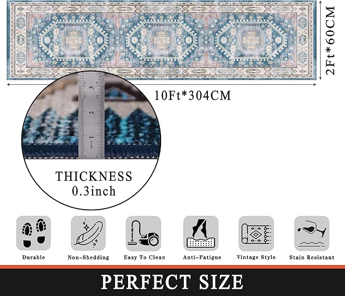 vivorug Blue Runner Rug 2x10 Machine Washable Rug with Non-Slip Backing, Ideal for Kitchen Hallway Entryway Laundry Room - Vintage, Durable, Easy Clean, Low Pile Carpet Runner