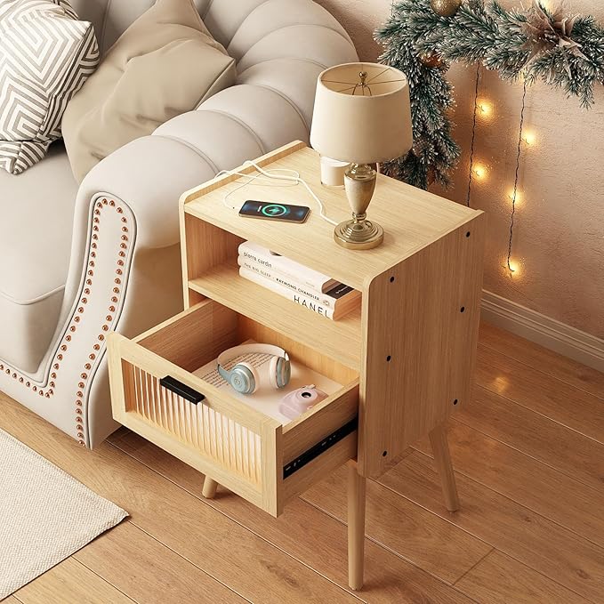 Mid Century Modern Nightstand with Charging Station, Bedside Tables with Glass Drawer, End Table Side Table with 2 Tiers Storage Space, for Bedroom, Living Room, Natural
