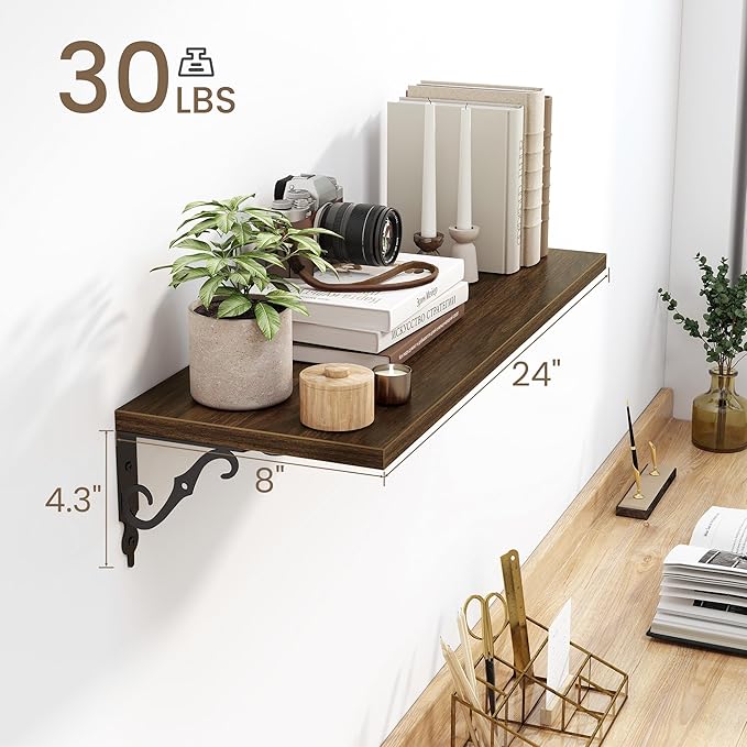 Floating Shelves for Wall, 24"W x 8"D Wall Shelves, 8 Inch Deep Floating Shelf with Bracket, 24 Inch Floating Shelves for Living Room and Bathroom, Display & Storage Shelves, Walnut, Set of 2
