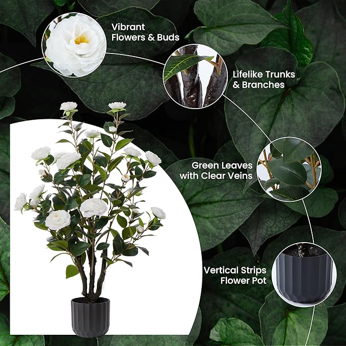 3.2FT Artificial Camellia Trees, White Silk Flowers, Indoor Faux Plants with Realistic Trunk in Black Cement Pot for Home House Living Room Bedroom Office Decor, 2pcs