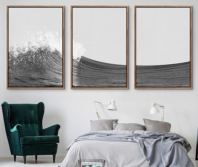 SIGNWIN 3 Piece Framed Canvas Wall Art Black and White Ocean Waves Nature Wilderness Illustrations Abstract Traditional Relax/Calm Home Artwork Decoration for Living Room,Bedroom - 16"x24"x3 Natural