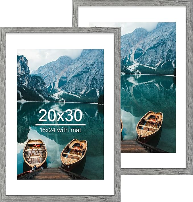 20x30 Frame Set of 2, Rustic Grey Wood Style - Display 16x24 Picture with Mat or 20 x 30 Poster without Mat, Wall Mounting Horizontal and Vertical
