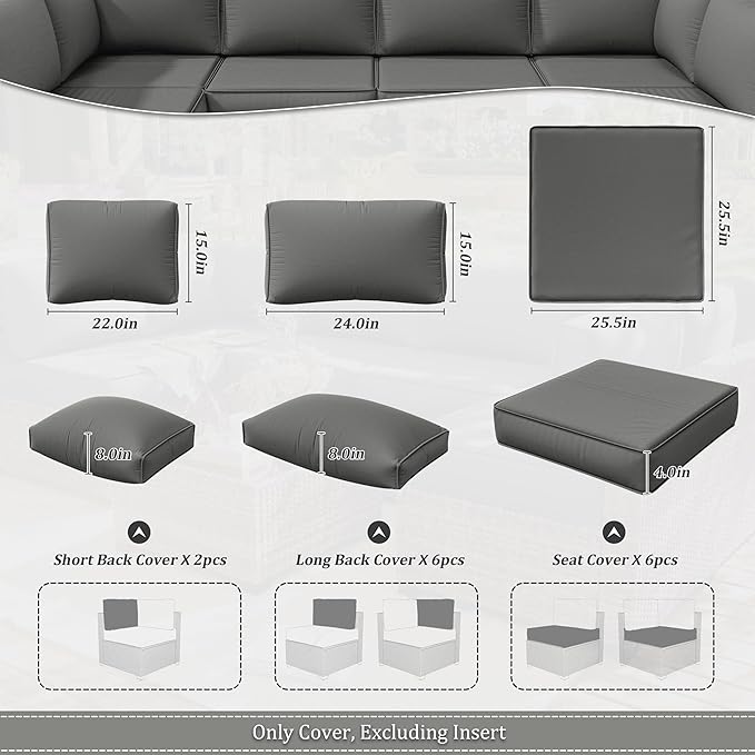 14 Pcs Outdoor Cushion Slipcovers Outdoor Patio Cushion Covers Replacement Waterproof with Zipper for Outdoor Furniture, Patio Sofa Couch 3 Sizes, Covers Only