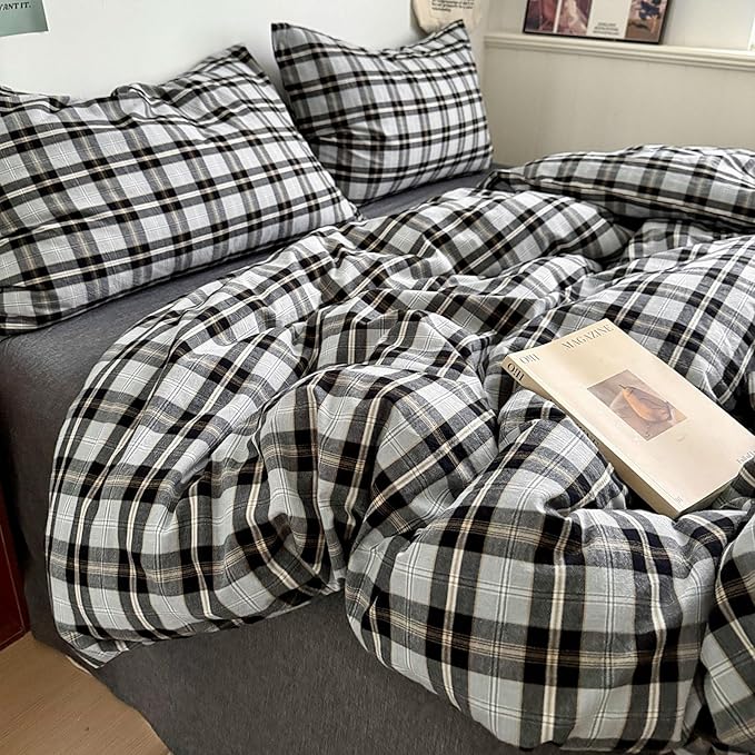 VM VOUGEMARKET Boys Plaid Duvet Cover Set Twin XL,3 Pieces Washed Cotton Bedding Set,Breathable Luxury Gingham Comforter Cover with 2 Pillowcases-Black&Grey