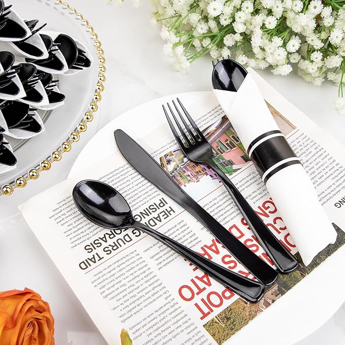 Supernal 60 Pack Hevy Duty Rolled Black Plastic Silverware,Pre Wrapped Cutlery with Napkins, Rolled Plastic Forks and Spoons, Black Disposable Silverware Suit for Party, Birthday