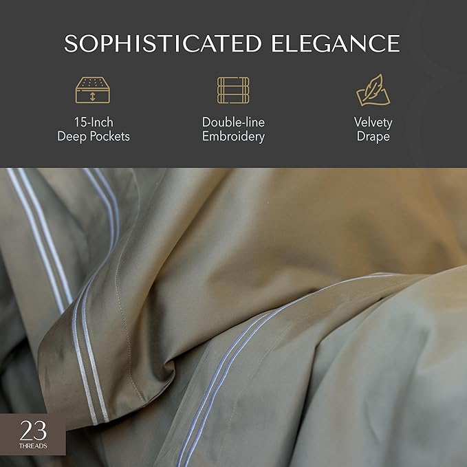 23 THREADS Z101 Series 100% Cotton Bed Sheets and Pillowcases Set, 15 Inch Deep Pocket, Luxury Sustainable Bedding Linen, King, Smokey Taupe