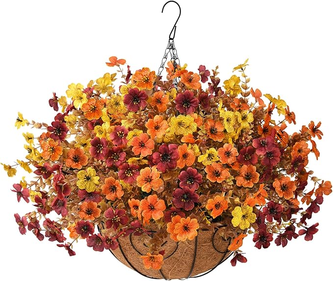 Artificial Fake Hanging Baskets Fall Flowers for Outdoors Decoration, Faux Silk Mums Plants UV Resistant Look Real Outside Yard Patio Front Porch Garden Balcony Home Autumn Decor (Orange Yellow Brown)