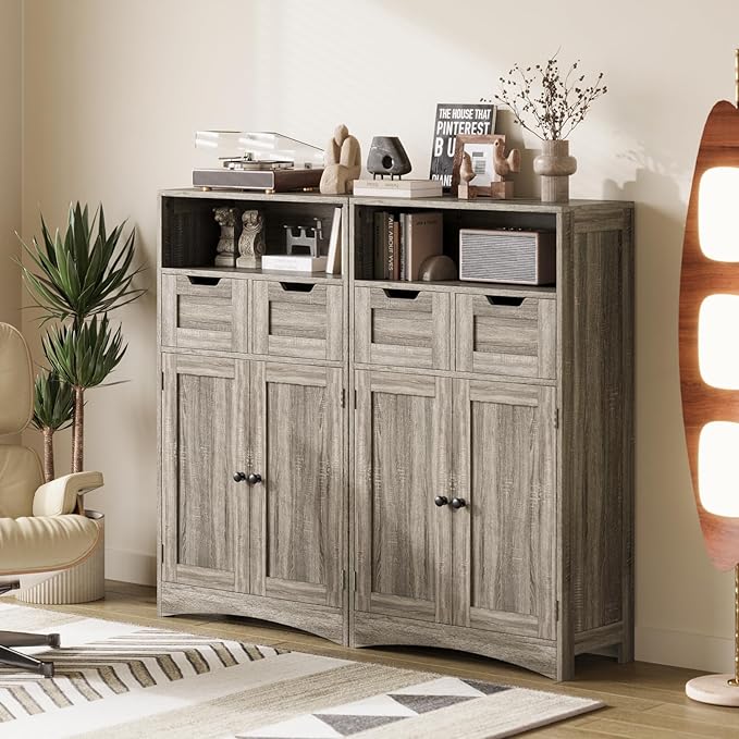 Gizoon Storage Cabinet, Bathroom Cabinet with 2 Drawers and Adjustable Shelves, Freestanding Storage Organizer with Doors for Bathroom, Living Room, Kitchen, Home Office, Hallway