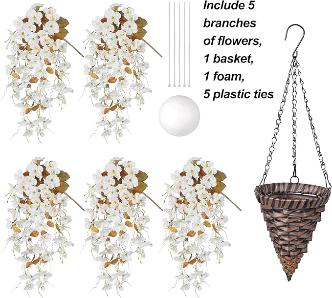 Ivydale Artificial Fall Hanging Flowers with Basket for Outdoors, Fake Hibiscus Vines Faux Hanging Plants UV Resistant Realistic Silk Flowers for Outside Planters Home Patio Porch Balcony, Fall White