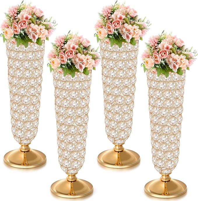 Rtteri 4 Pcs 12 Inch Tall Crystal Vase for Centerpieces Wedding Metal Crystal Trumpet Flower Vase Stand for Table Floor Wedding Party Favor Banquet Celebration, Classic Elegance(Gold)