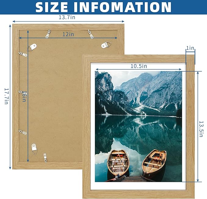 12x16 Picture Frame Set of 2, Natural Oak Wood Style - Display 12 x 16 Poster without Mat or 11x14 Picture with Mat, Wall Mounting Horizontal and Vertical