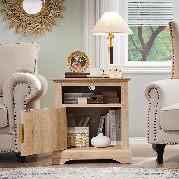 Fluted Nightstand Set of 2, 22" Large Modern Side Table with Charging Station, Wood End Table w/Open Shelf, Bedside Table with Storage Space for Bedroom, Living Room (Natural)