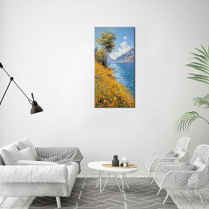 Vertical Landscape of Wild Flowers and Green Trees on The Lakeside Wall Art Decor Artwork for Bedroom (24x48 Inches)