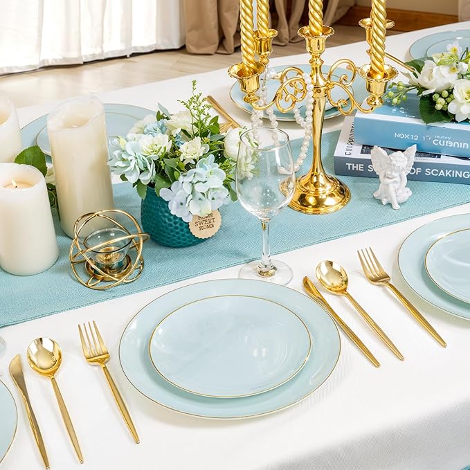 PULOTE 100PCS Sage Green Plastic Plates - Disposable Sage Green Include 50 Dinner / 50 Dessert Plates for Party, Wedding&Easter