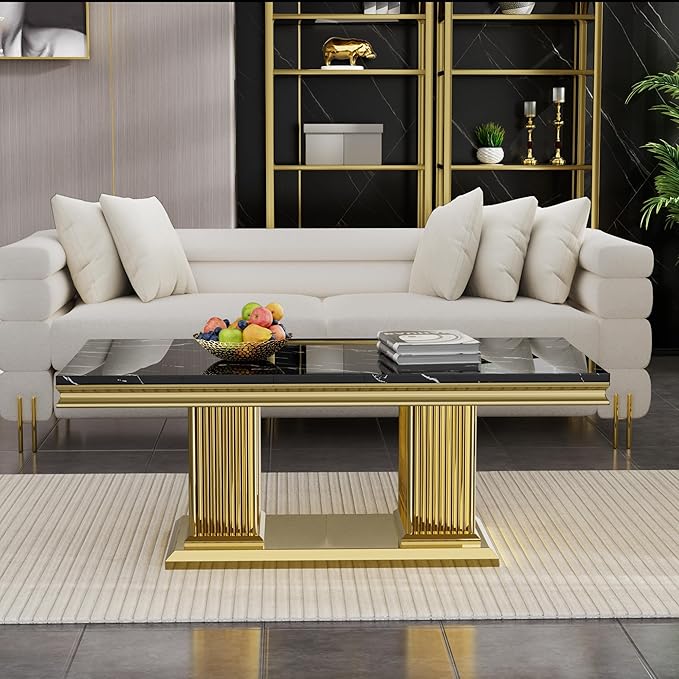 SSLine Rectangular Faux Marble Coffee Table for Living Room Modern Luxury Black Marble Center Table with Gold Pedestal Base 46.8" Mid-Century Cocktail Table with Mirrored Stainless Steel Frame