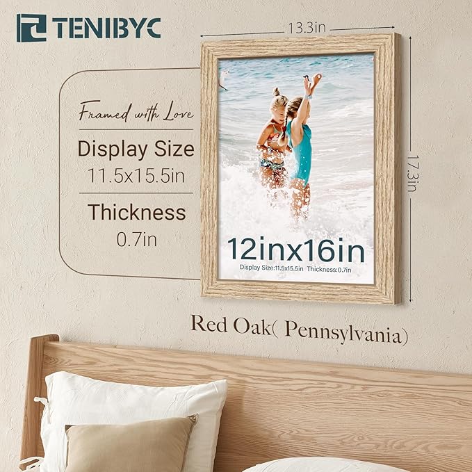 12x16 Picture Frame Oak - 3 Pack, Natural Wood Grain, HD Tempered Glass, Wall Gallery Photo Frame