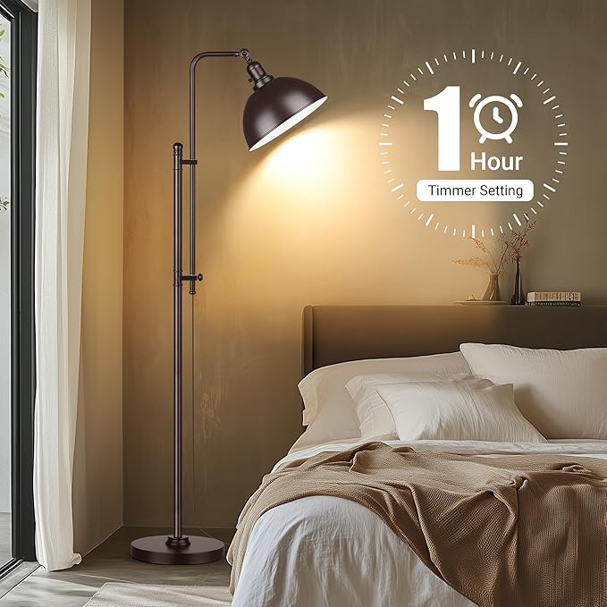 PARTPHONER Industrial Floor Lamp Adjustable, Rustic Farmhouse Reading Lamp in Aged Brown Finish Modern Standing Lamp with Remote Control Metal Shade for Living Room Bedroom Study Room Office Hotel