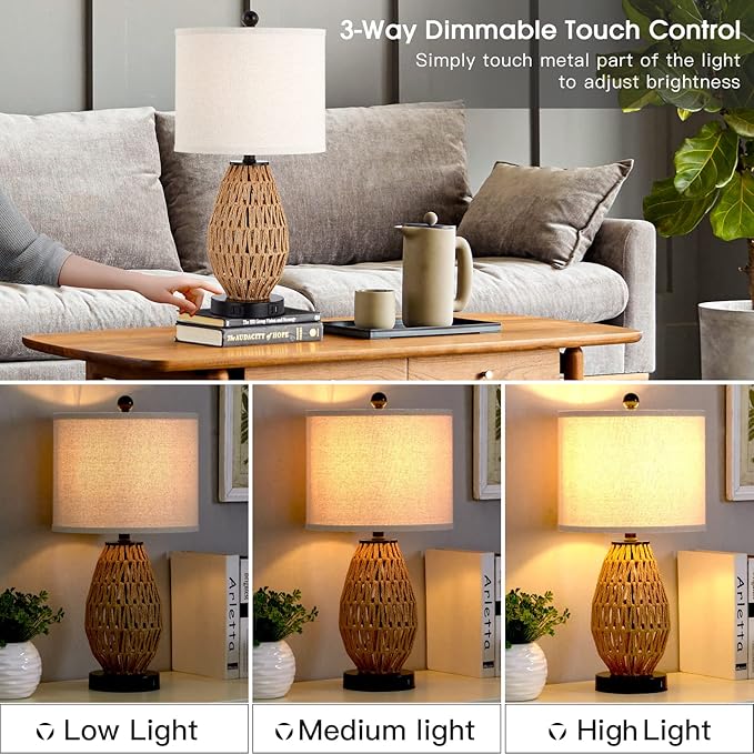Touch Control Rattan Table Lamps, 3 Way Dimmable Bedside Lamps for Bedroom Set of 2 with 2 USB Ports and AC Outlet, Wicker Nightstand Lamps for Living Room (LED Bulbs Included)