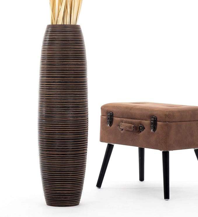 Leewadee Large Brown Home Decor Floor Vase – Wooden 34 inches Tall Farmhouse Decor Flower Holder for Fake Plant and Pampas Grass