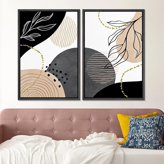 SIGNFORD Framed Canvas Print Wall Art Set Mid-Century Nordic Geometric Ring Plants Abstract Shapes Illustrations Modern Art Decorative Bohemian for Living Room, Bedroom, Office - 16"x24"x2 Black