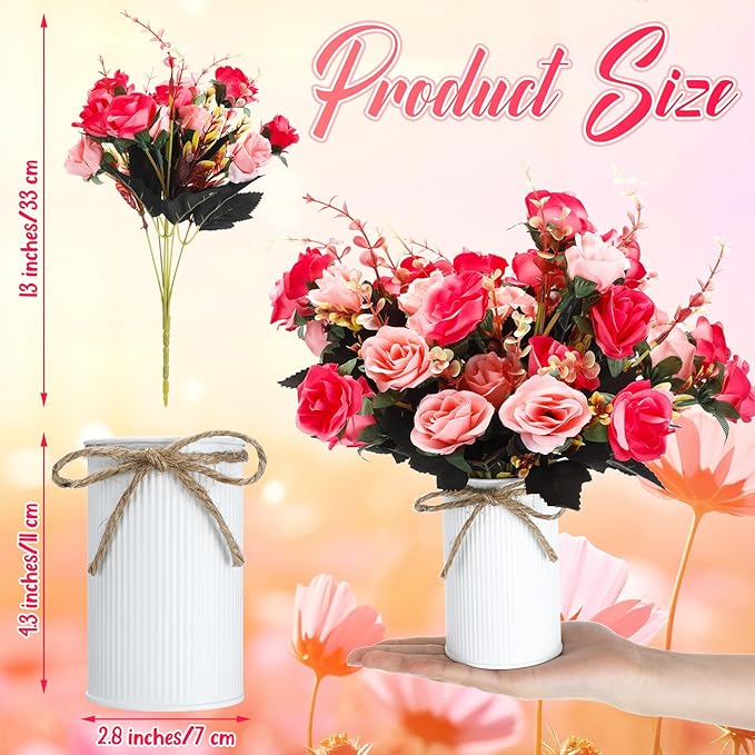 Domensi 6 Sets Wedding Centerpiece for Table Artificial Rose with Vase Fake Bouquets and Metal Pot Floral Arrangements for Holiday Party Event Table Decor (Rose Red)
