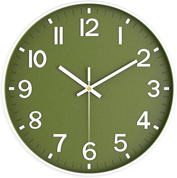 Modern Wall Clock, 10 Inch Digital Wall Clocks Battery Operated, Round Non Ticking Silent Analog Clock for Bedroom Living Room Kitchen Office Gym Classroom Decor, Olive Green