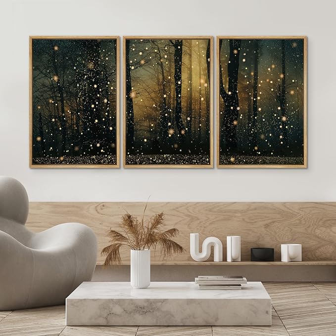 SIGNWIN Framed Wall Art Print Set Enchanted Forest with Fireflies Magical Night Woodland Photography Modern Art Closeup Relax/Calm Dark for Living Room, Bedroom, Office - 24"x36"x3 Natural