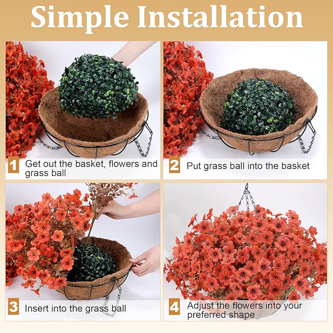 Geegoods 2 Set Artificial Hanging Basket Fall Flowers for Outdoor, Fake Faux UV Resistant Look Real Orange Mums Plants for Autumn Porch Patio Balcony Yard Home Decor