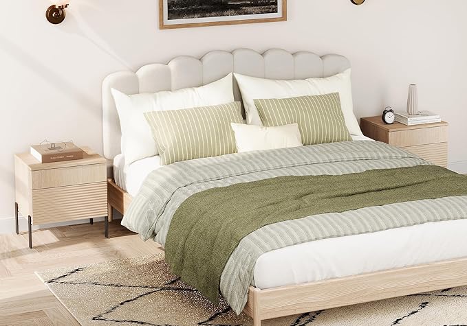 WAMPAT Fluted Nightstand with Charging Station,19.7" Tall Mid Century Modern Night Stands, Wood Side End Table with 2 Drawers, Wood Bedside Table with Metal Legs for Bedroom,Living Room, Beige