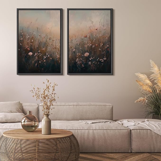 MUDECOR Framed Canvas Print Wall Art Forest and Lake Landscape Vintage Nature Scenery Illustrations Modern Art Decorative Bohemian Chic for Living Room, Bedroom, Office - 24"x36"x2 Black