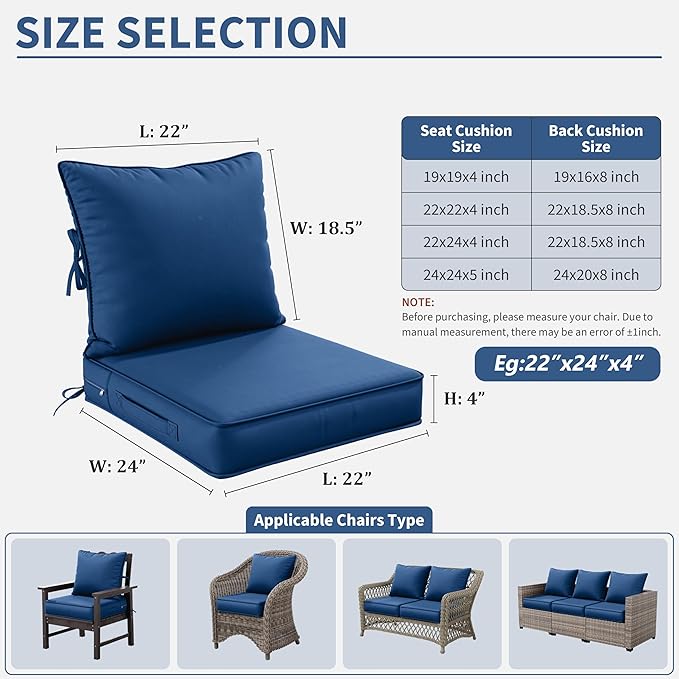 Premium Outdoor Seat Cushion Chair Cushions for Patio Furniture 22 L X 24 W X 4 H Waterproof & Fade Resistant Deep Seat and Backrest Cushion Set with Removable Covers for Chair, Sofa