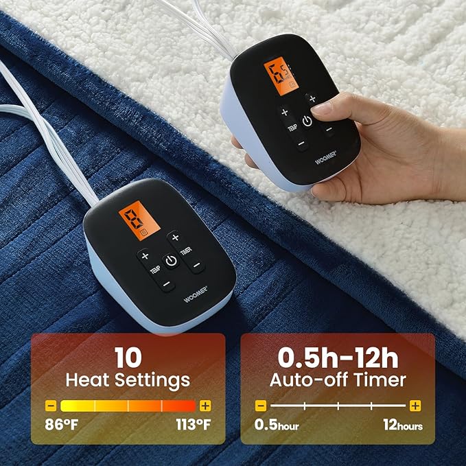 WOOMER Electric Heated Blanket Queen Size, Soft Flannel Fast Heating Blanket with Multi-Color Option, 84"x 90", 10 Heating Levels & 0.5-12H Auto Off, Over-Heat Protection