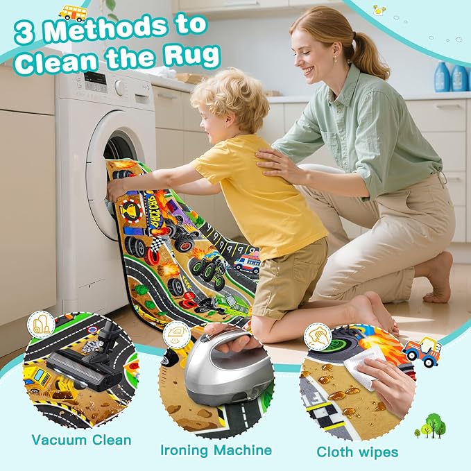 Kids Rug, 3x5 Ft Non-Slip Monster Truck Play Rug, Extra Thick (0.4in), Educational LearningTraffic Road Car Carpet for Nursery, Classroom, Playroom & Bedroom
