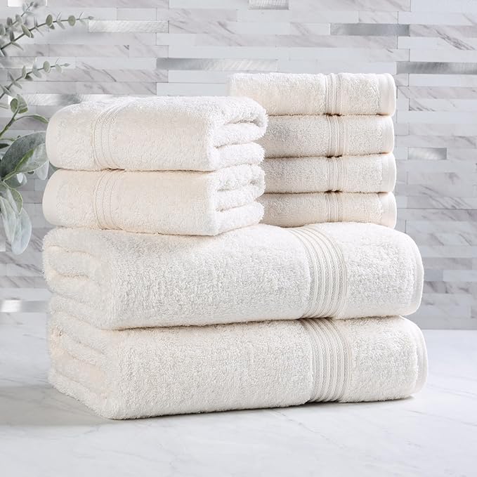 Superior Egyptian Cotton 8-Piece Towel Set, Assorted Towels for Home Bathroom, Guest Bath Decor Essentials, Includes 2 Bath, 4 Hand, 2 Face Towels/Washcloths, Quick Dry, Absorbent, Ivory