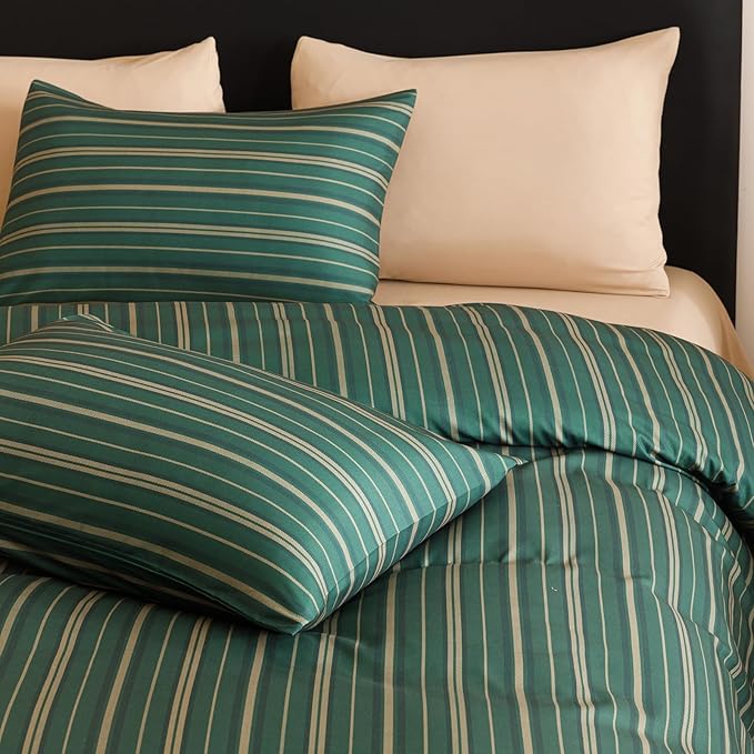 CLOTHKNOW Green Striped California King Comforter Set 3Pcs Green Khaki Black Bedding Comforter Sets Ticking Farmhouse Comforter Hunter Green Comforter Soft Boho