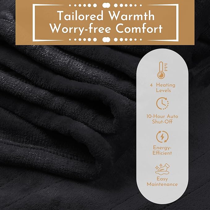 Electric Heated Blanket Microplush Cover Blanket, Full Size 72"x84" with 5 Heat Settings & 10 Hours Auto Off, Cozy & Warm for All Night, Machine Washable, Black