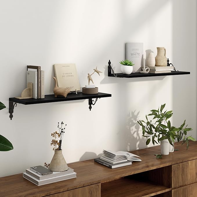 Floating Shelves for Wall, 24"W x 8"D Wall Shelves, 8 Inch Deep Floating Shelf with Bracket, 24 Inch Floating Shelves for Living Room and Bathroom, Display & Storage Shelves, Black, Set of 2