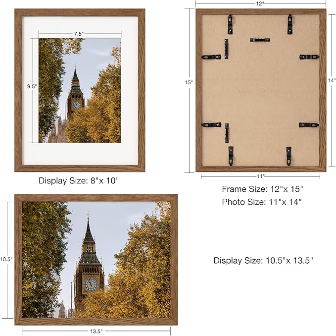 Axeman 11x14 Picture Frame with Mat for 8x10, Solid Oak Wood Picture Frames with Tempered Glass, Natural Wooden 11x14 inch Photo Frame for Wall with Wall Hook Included, Set of 3, Walnut