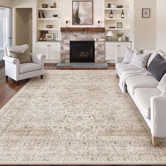 10x14 Beige Vintage Area Rug for Living Room Bedroom Large Traditional Low Pile Soft Carpet Non-Slip Thin Retro Distressed Accent Washable Throw Rug for Dining Room Office Kitchen Indoor